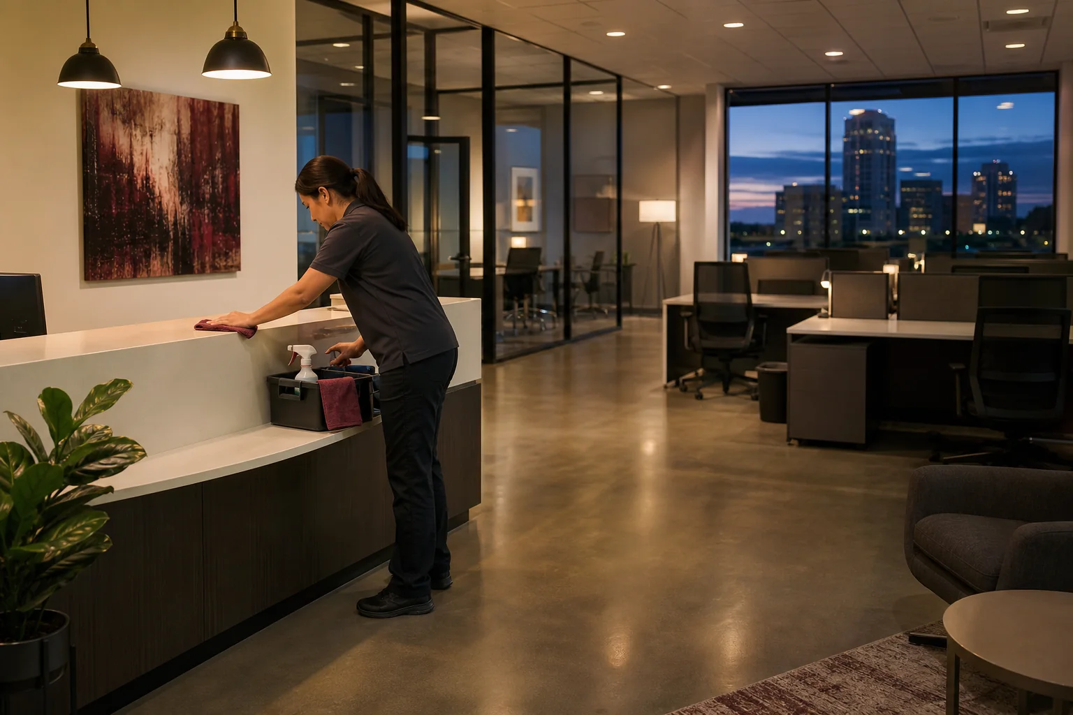 Professional cleaner working in a modern small-business office