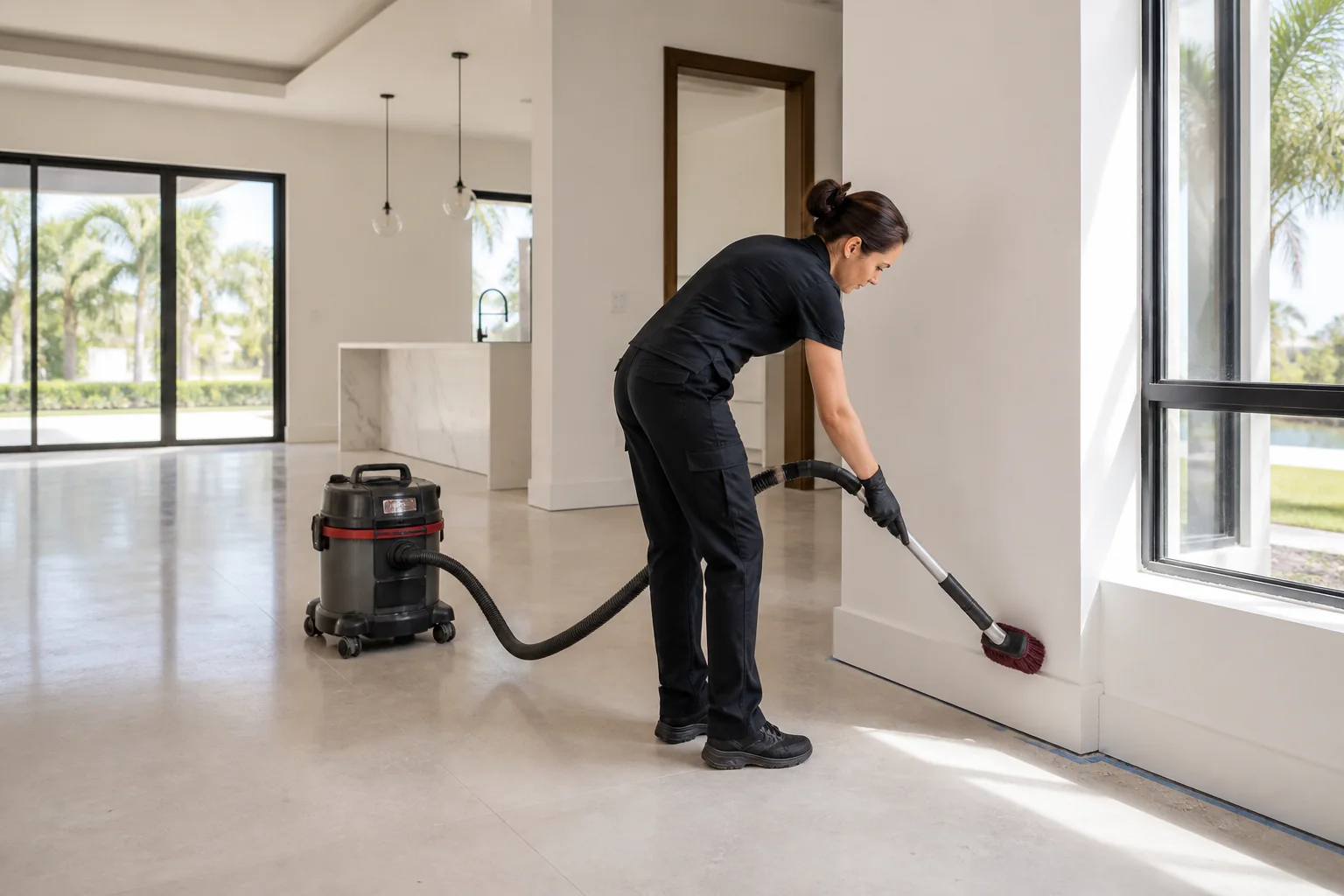 Professional cleaner vacuuming fine dust along the baseboard of a newly finished property