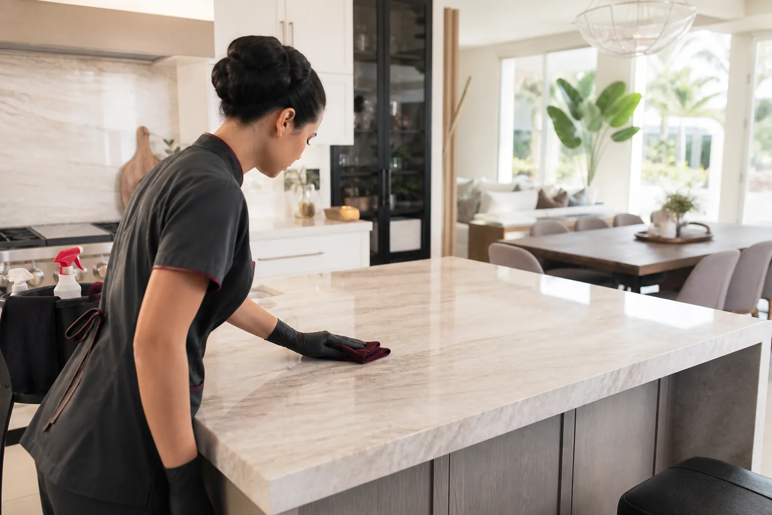 Professional cleaner wiping a stone kitchen island in a bright Florida home